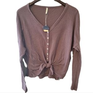 Pinkblush Waffle Thermal Knit Mauve Knotted Tie Waist Sweater Top Medium